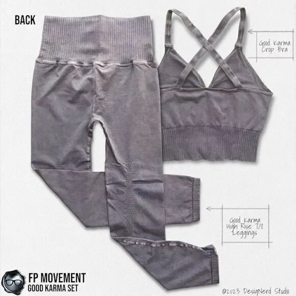 FP MOVEMENT GOOD KARMA SET: CROP TANK BRA + HIGH RISE LEGGINGS IN GREY PURPLE - Picture 4 of 16